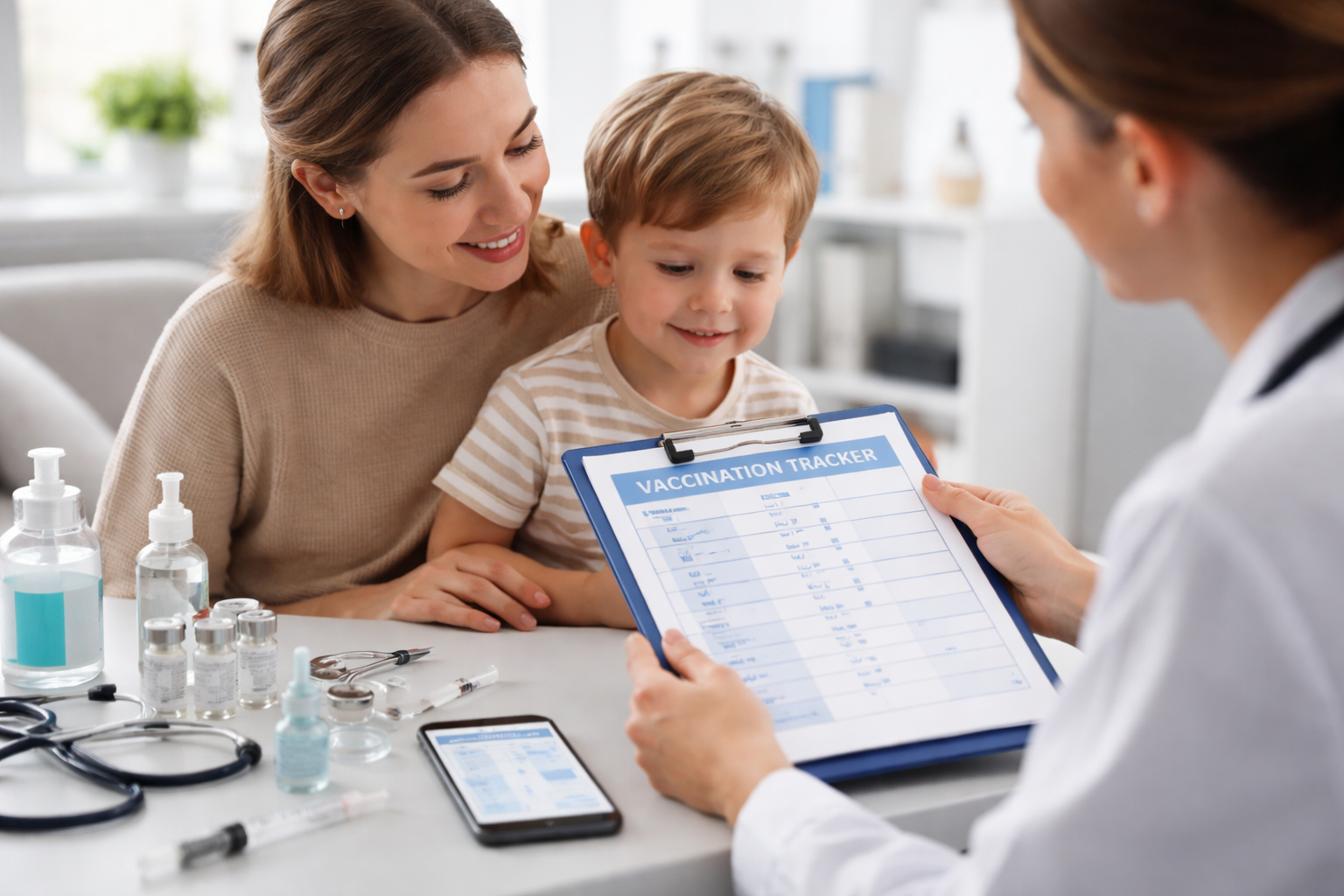KidCare Tracker app showing a child vaccination overview and upcoming vaccines